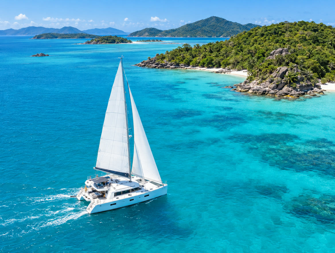 Sailing catamaran on turquoise Whitsunday water