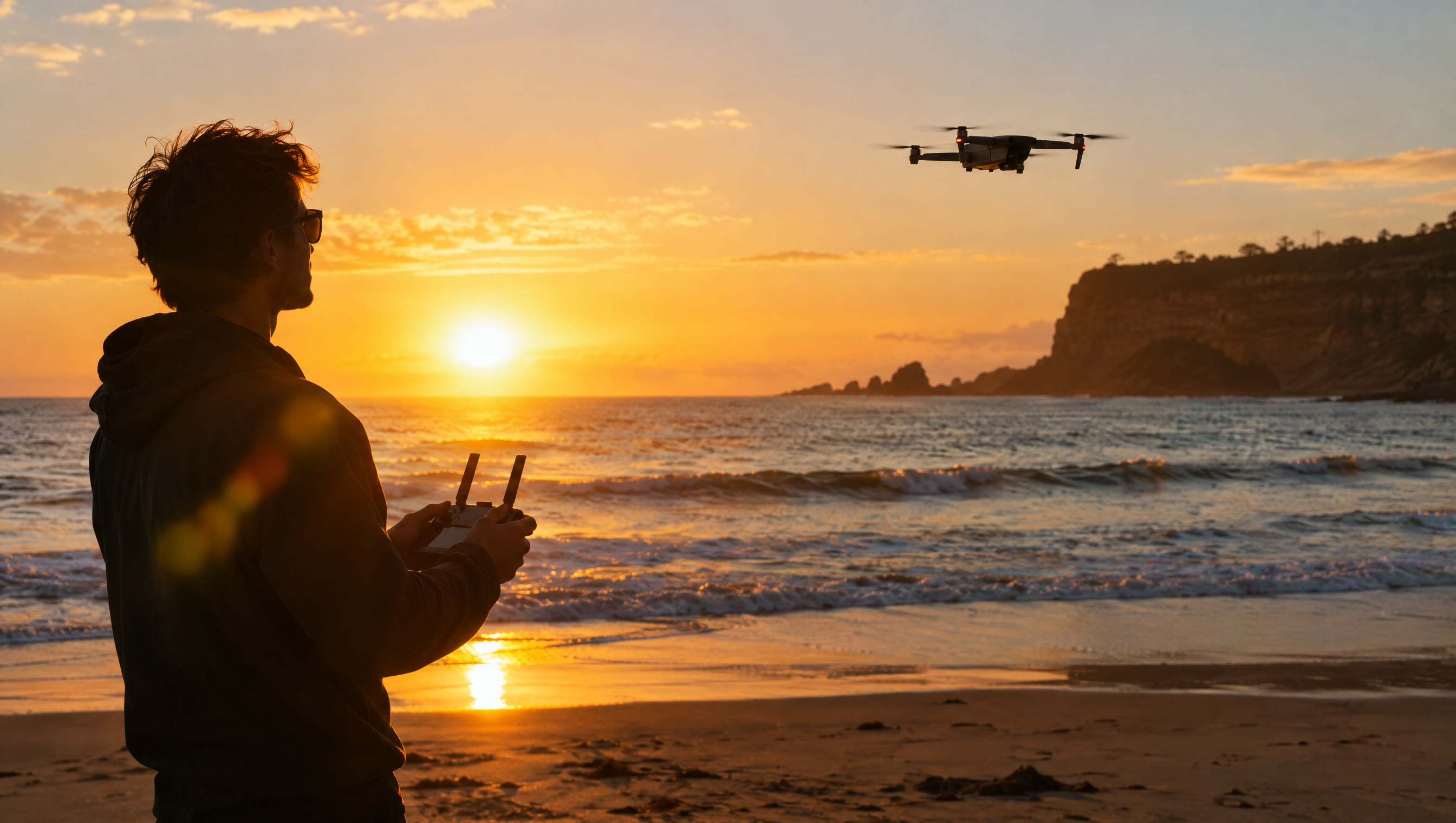 Drone pilot on a beach at sunset
